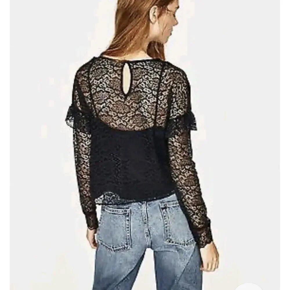 Zara Top Womens Small Midnight Blue Cropped Lace Ruffle‎ Sheer Fairy Whimsigoth